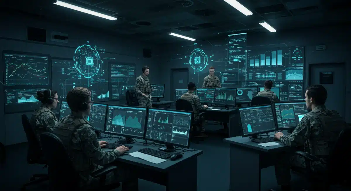 Military command center utilizing AI for strategic defense analysis
