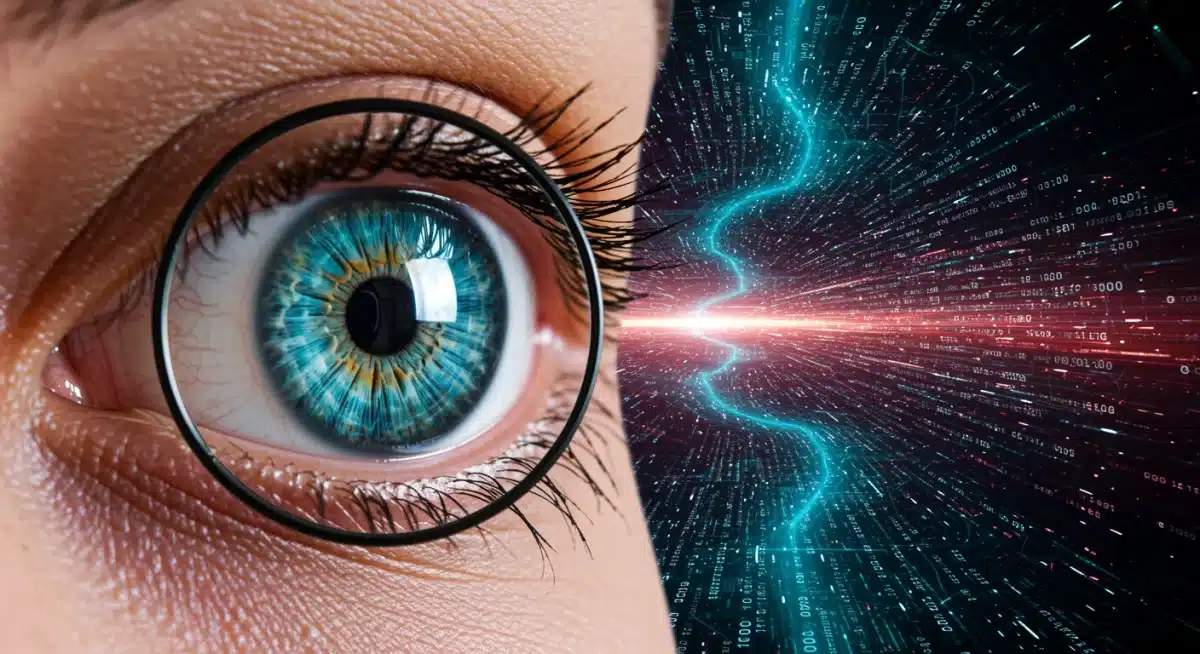 Magnified eye inspecting digital code for scam detection