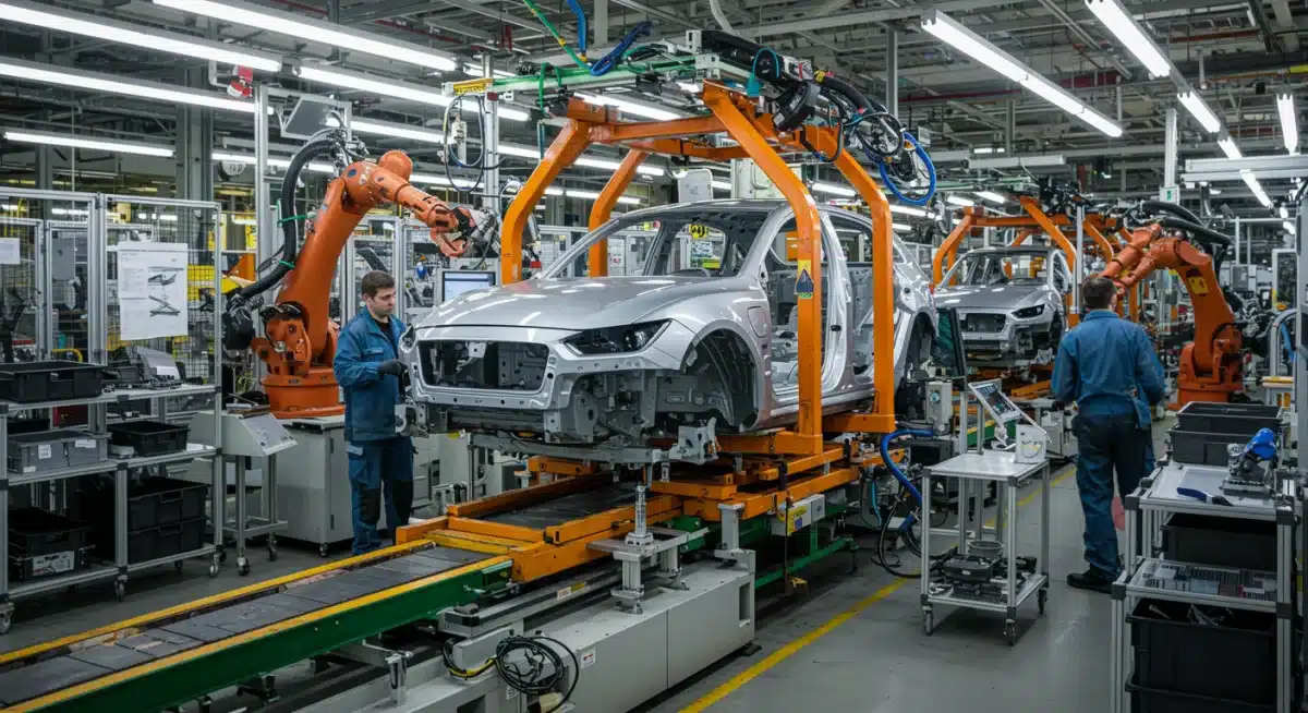 Automotive factory assembly line for electric vehicles