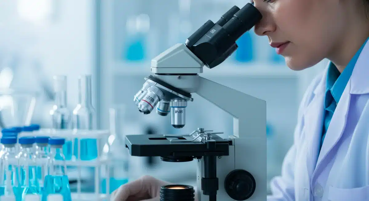 Scientist in laboratory examining cancer research under a microscope
