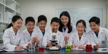 Students conducting a science experiment in a modern laboratory