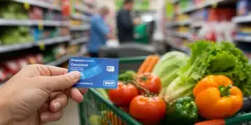 EBT card scan at grocery checkout with fresh food