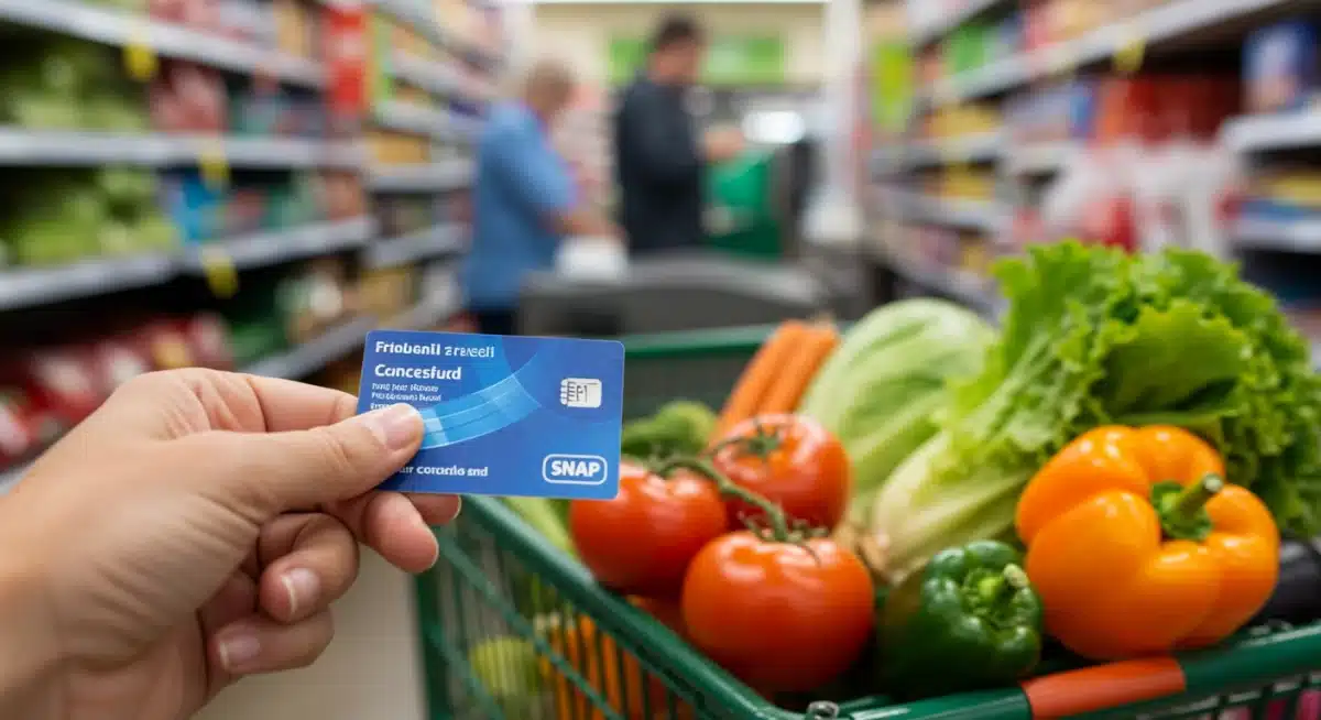 EBT card scan at grocery checkout with fresh food
