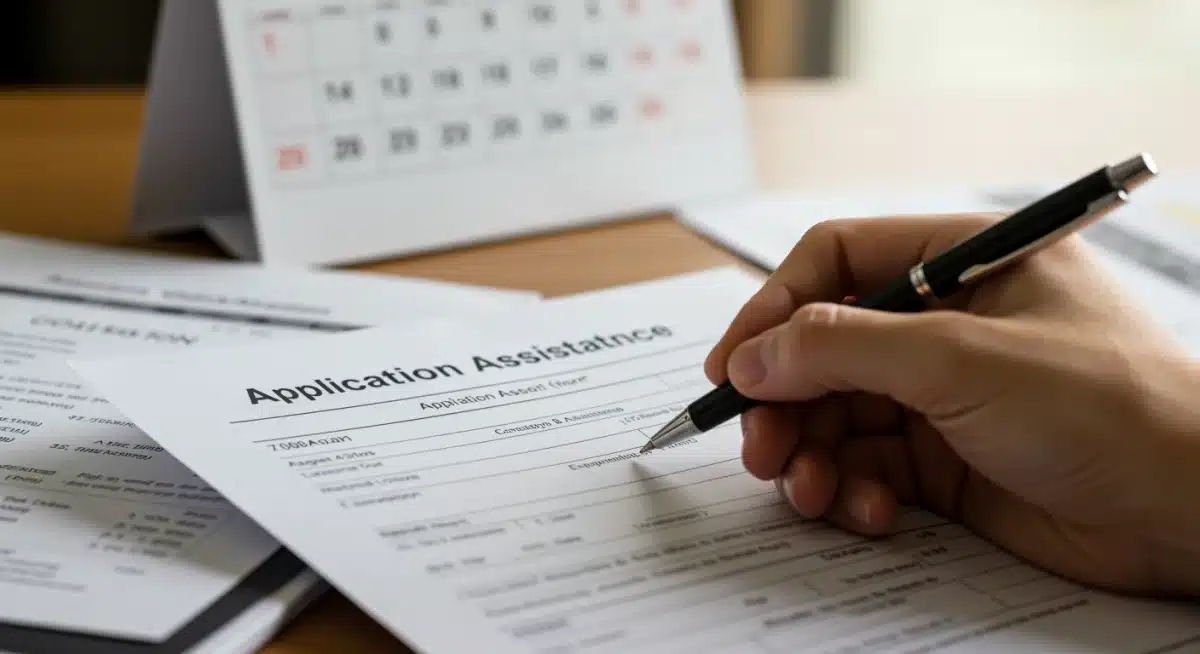 Hand filling out a housing assistance application form, with blurred documents and calendar in the background, symbolizing the application process.