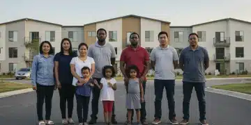 Diverse families gather outside modern affordable housing complex, symbolizing hope and community support for Housing Assistance Benefits 2026.