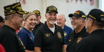 Veterans engaging in a supportive community event, highlighting camaraderie and access to benefits.