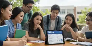 College students reviewing FAFSA forms on a tablet, discussing financial aid.