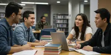 Students discussing college finances and tax credits in a modern library