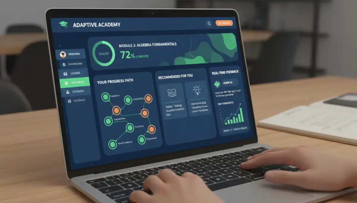 AI adaptive learning platform displaying personalized student progress and recommendations.