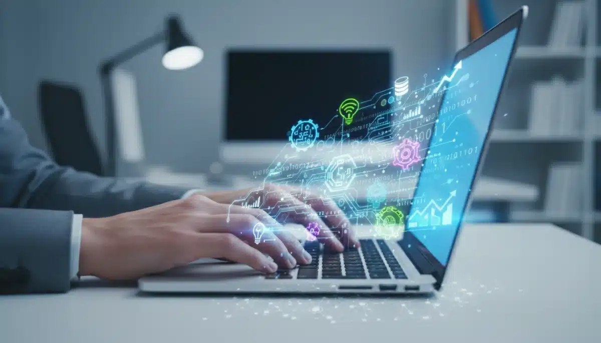 Hand typing on laptop with glowing tech icons representing software development