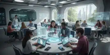 Students using AI-powered learning tools in a modern classroom, symbolizing the future of education.