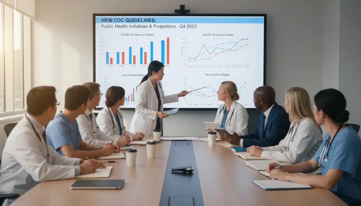 Healthcare professionals discussing new CDC guidelines and epidemiological data