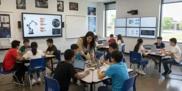 Diverse students engaged in hands-on STEM learning with robots and technology.