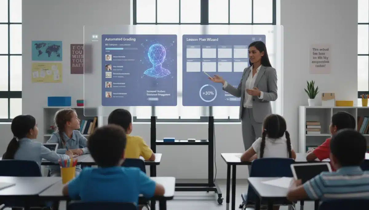 Teacher using an AI assistant on a smart board to streamline administrative tasks in education.