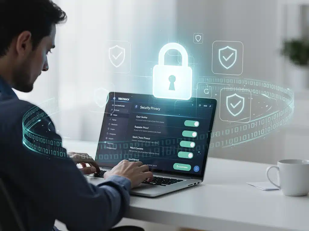 Person securing online accounts with strong passwords and privacy settings