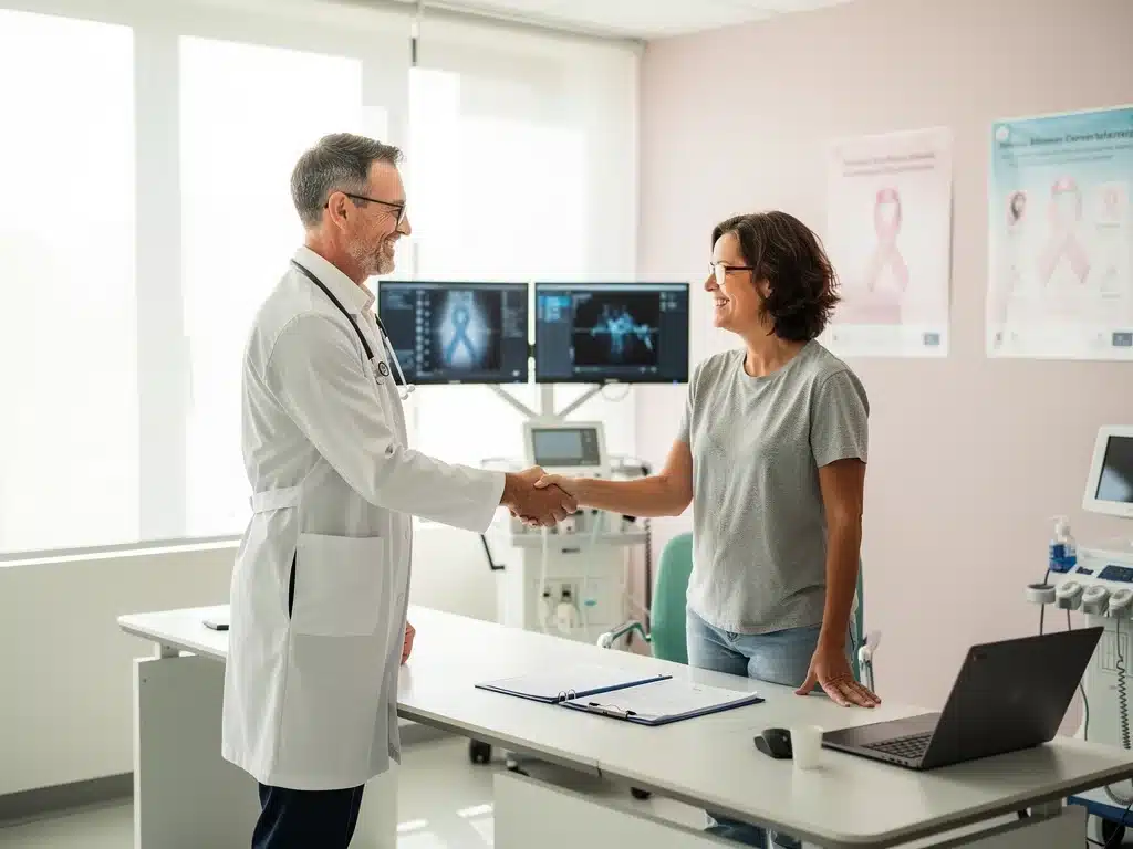 Doctor and patient shaking hands, symbolizing successful cancer treatment and hope