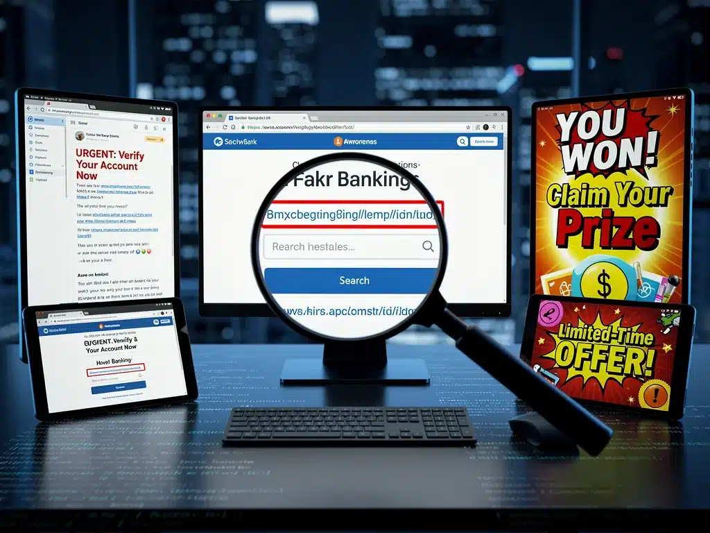 Illustration of common online scam tactics and how to identify them