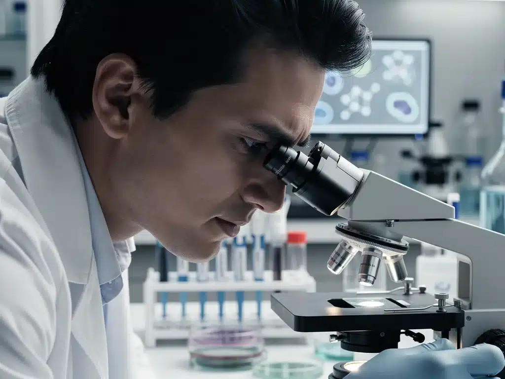 Scientist examining samples under a microscope in a modern laboratory setting