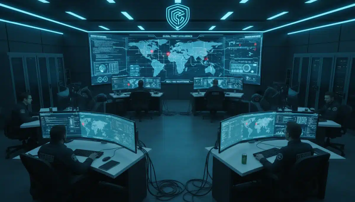 Cybersecurity analysts monitoring threat intelligence in a SOC