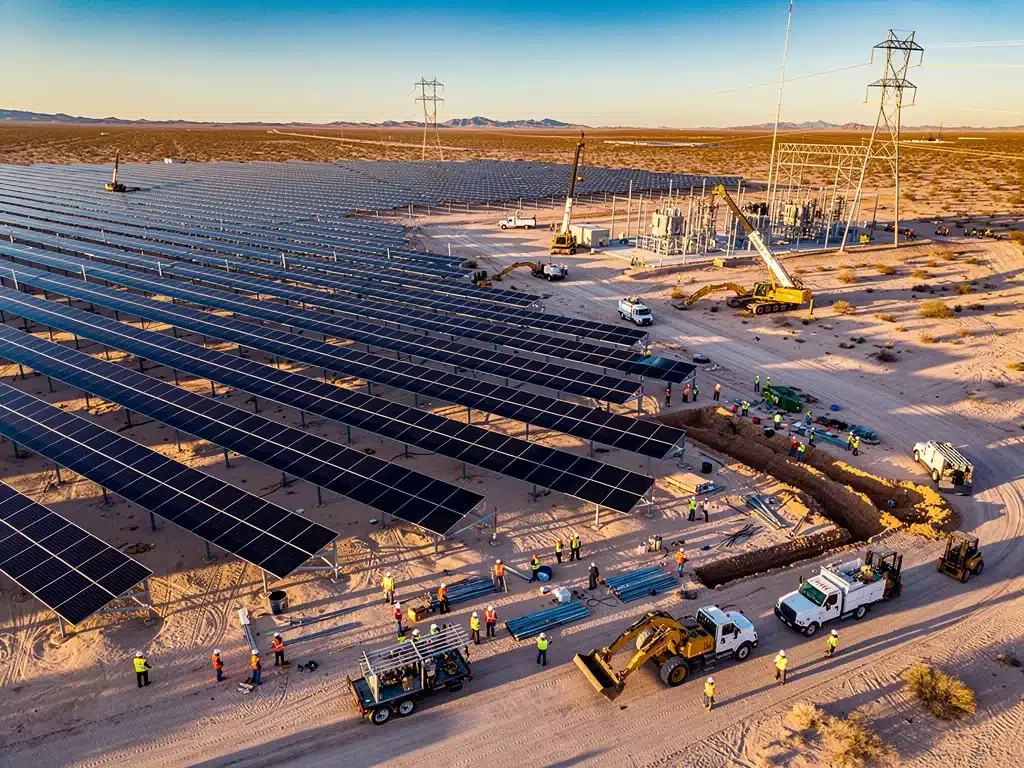 Large-scale solar farm construction in the US, indicating renewable energy expansion