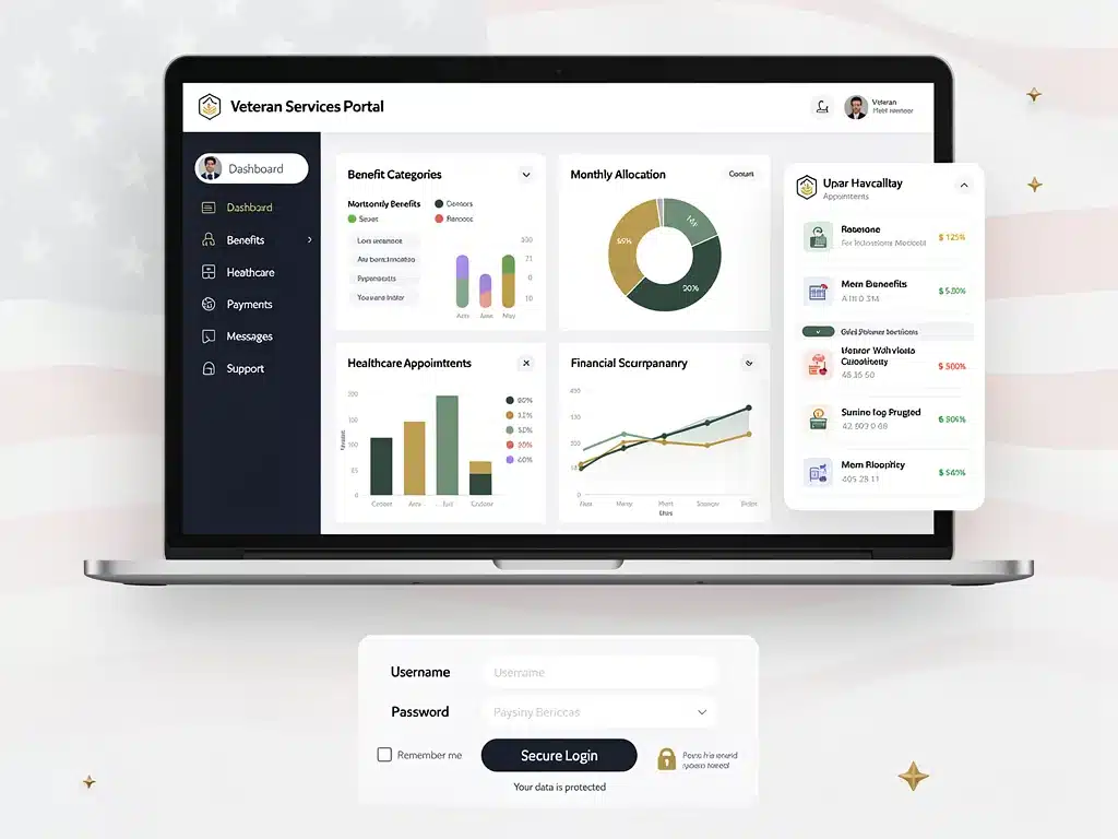 Digital interface showing veteran financial and healthcare benefits, emphasizing online access.
