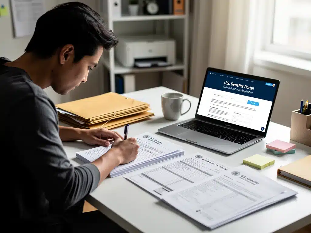 Person diligently completing federal benefit application forms