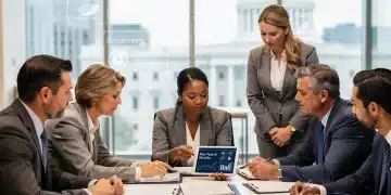 Federal employees reviewing new benefit policies on a tablet in a modern office