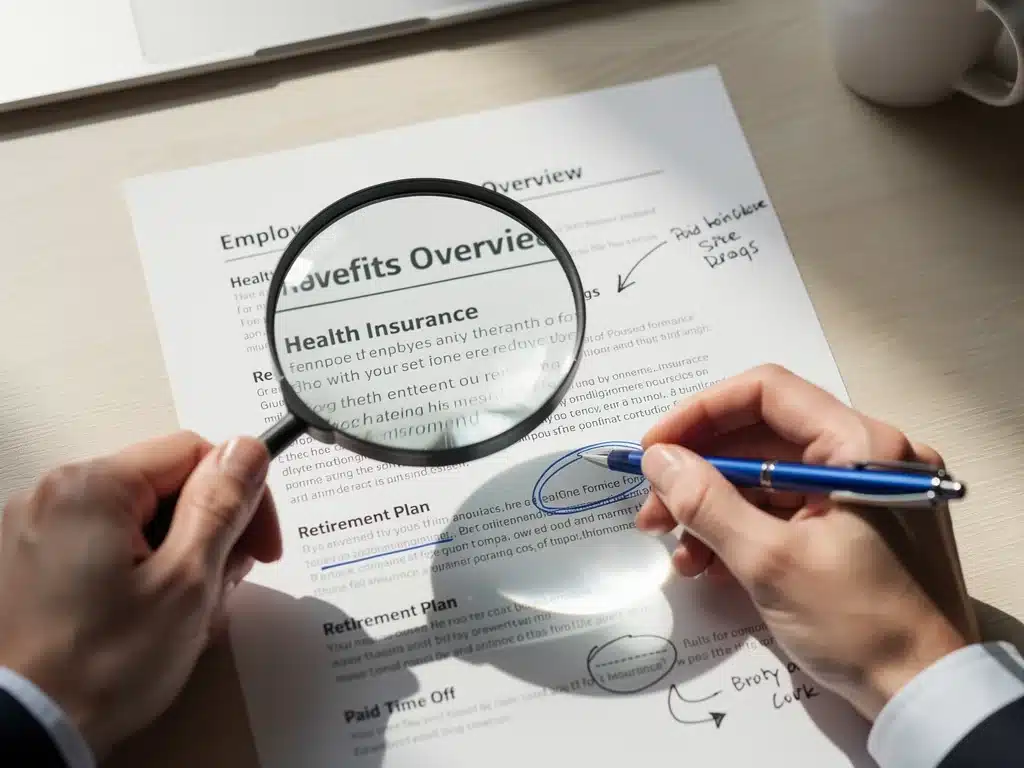 Magnifying glass examining employee benefits document for hidden perks