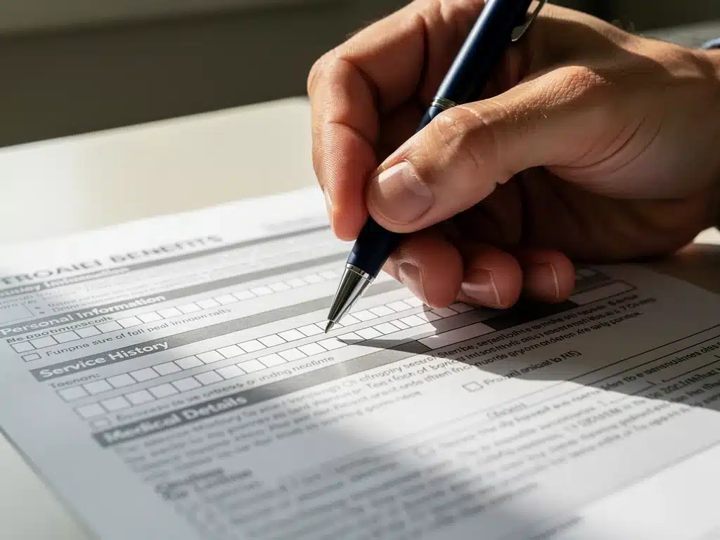 Hand filling out a veterans' benefits application form, highlighting the detailed process.