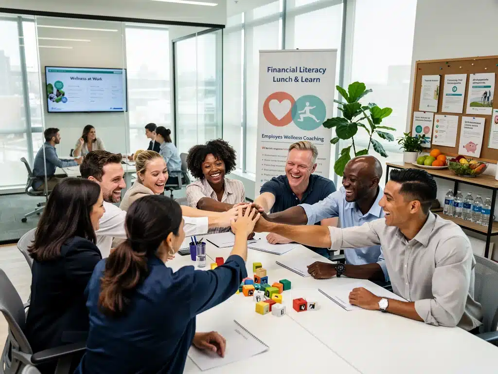 Diverse employees participating in workplace wellness and financial planning sessions