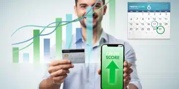 Illustration of a person successfully boosting their FICO score over six months.