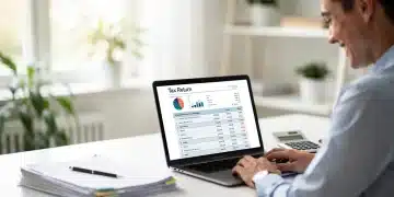 New Tax Credits & Deductions 2026: Boost Your $750 Refund Person reviewing tax documents on laptop, symbolizing financial planning for new tax credits and deductions 2026