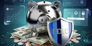 FDIC insurance shield protecting US dollar banknotes and coins in a secure piggy bank, representing deposit safety.