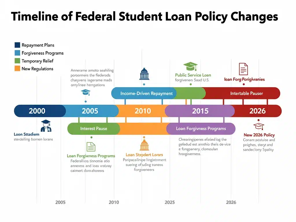 Infographic showing timeline of federal student loan policy changes and their impact on repayment.