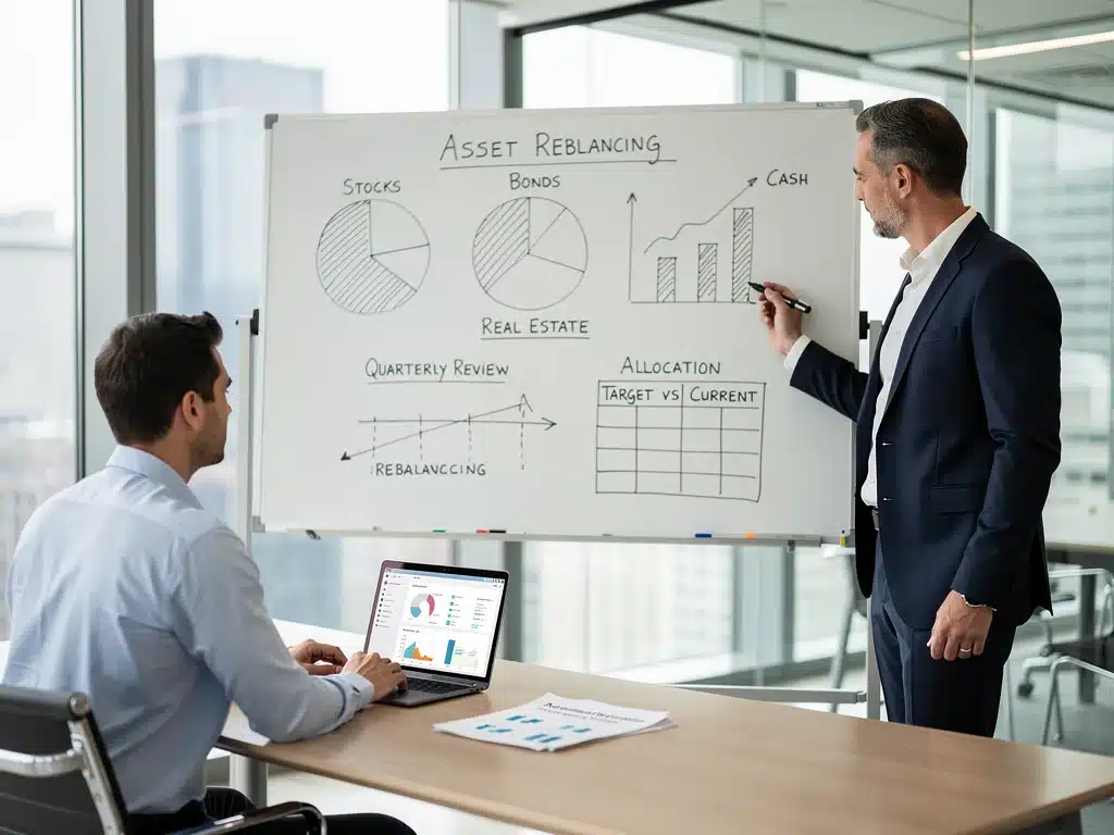 Financial advisor discussing portfolio rebalancing strategies with a client.