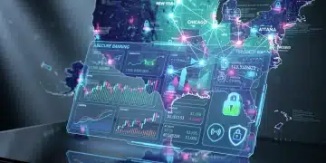 Futuristic digital banking interface with financial charts and secure transaction symbols