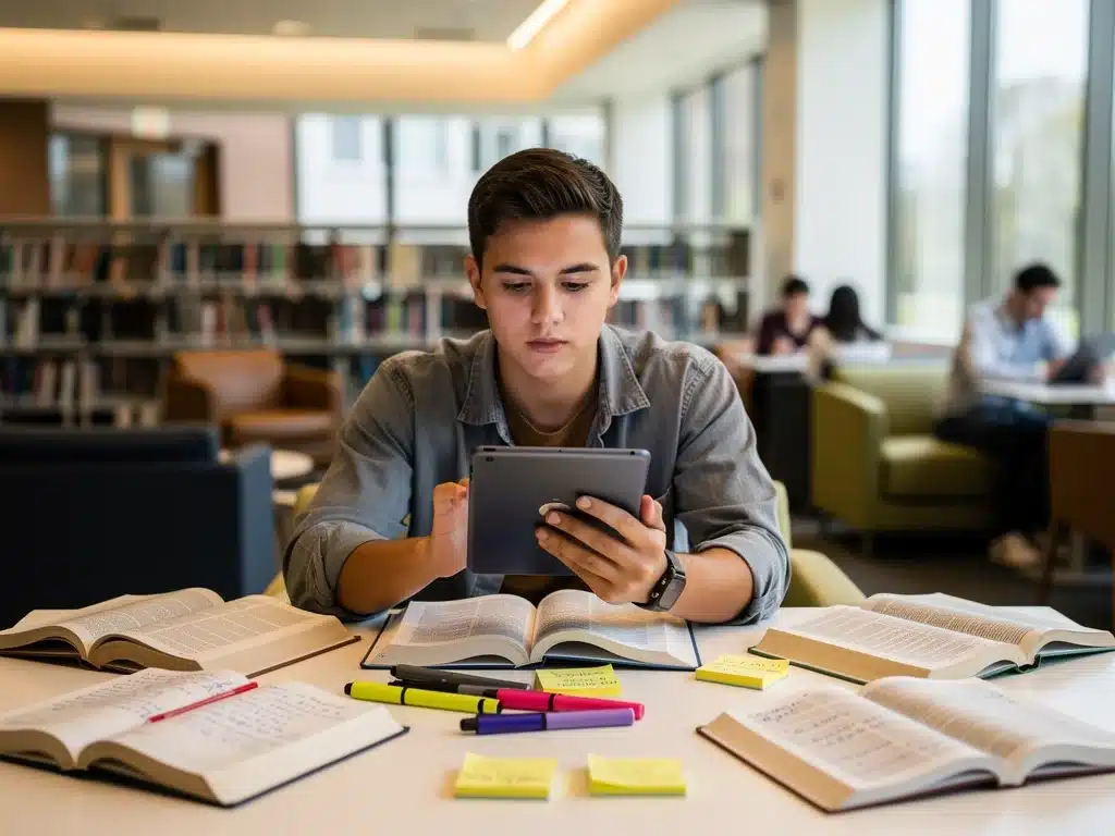 Student studying intently with a digital tablet in a modern university library setting.