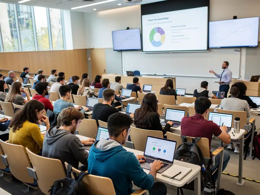 College students engaged in a dynamic lecture, representing traditional academic settings.