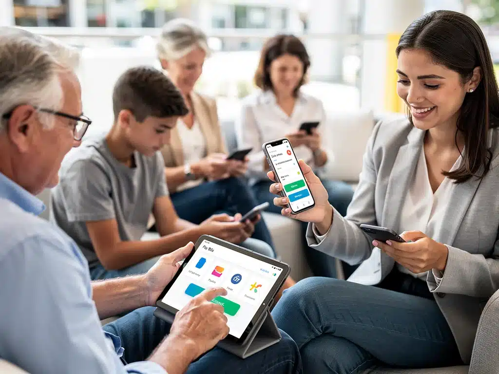 Diverse users engaging with digital banking apps on mobile devices