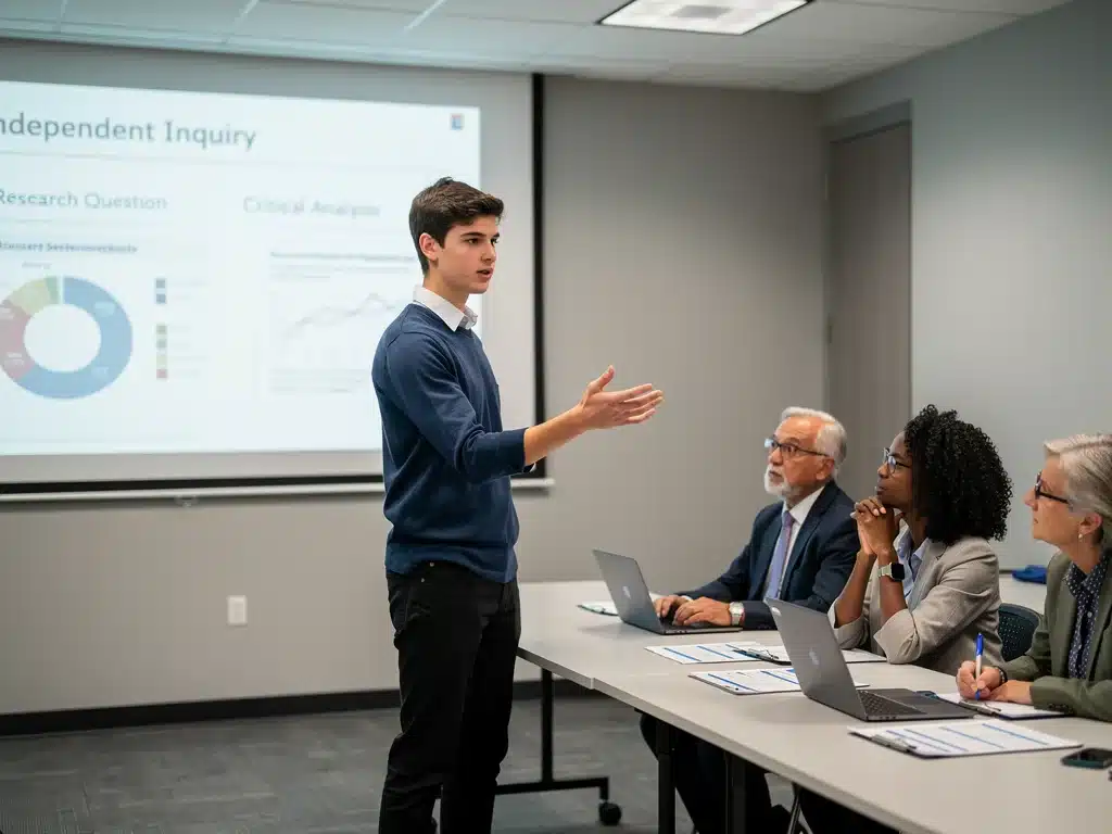 High school student confidently presenting a research project, embodying AP Capstone skills.