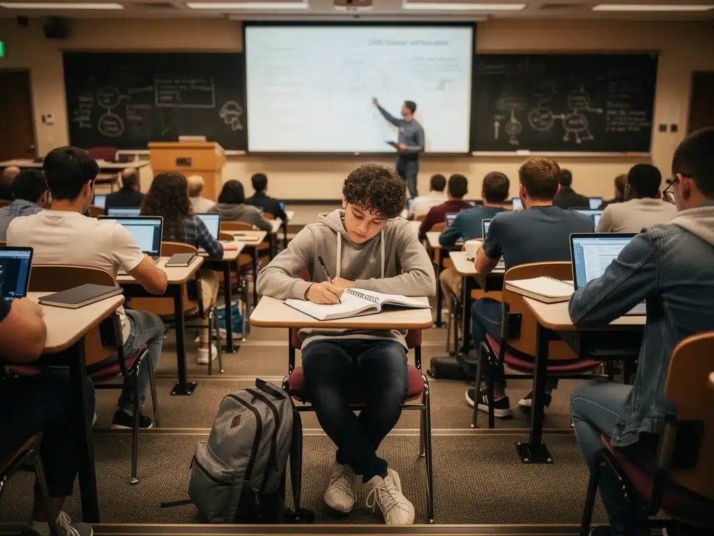 High school student integrated into a college lecture, experiencing dual enrollment.
