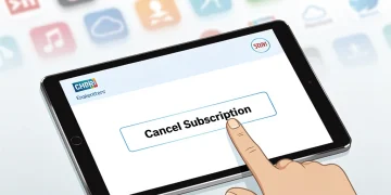 Hand clicking 'Cancel Subscription' button on tablet, symbolizing FTC 1-Click Mandate.